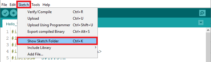 Arduino IDE Open Sketch Folder pour créer un dossier de données