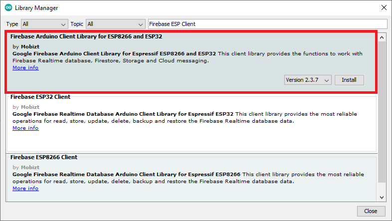 Installez la bibliothèque client Firebase Arduino pour ESP8266 et ESP32 par Mobitz
