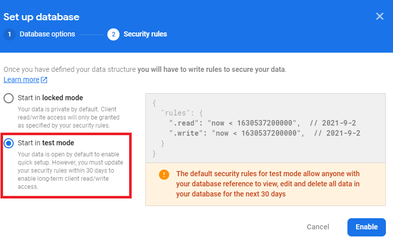 Configurer la base de données en temps réel firebase ESP32 ESP8266 Définir les règles de sécurité