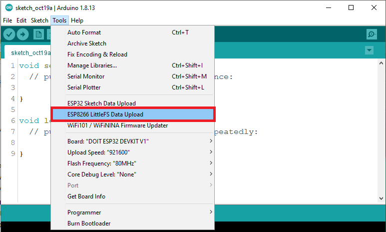Outils ESP8266 Téléchargement de données LittleFS IDE Arduino