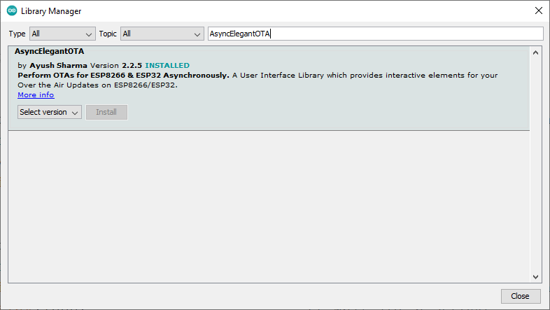 Installer Async Elegant OTA Library Arduino IDE