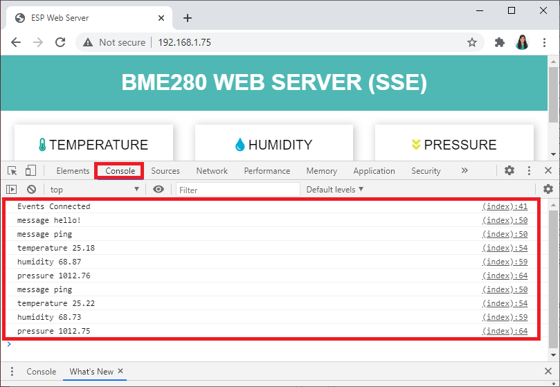 Console de navigateur d'événements envoyés par le serveur Démonstration du serveur Web ESP8266 NodeMCU