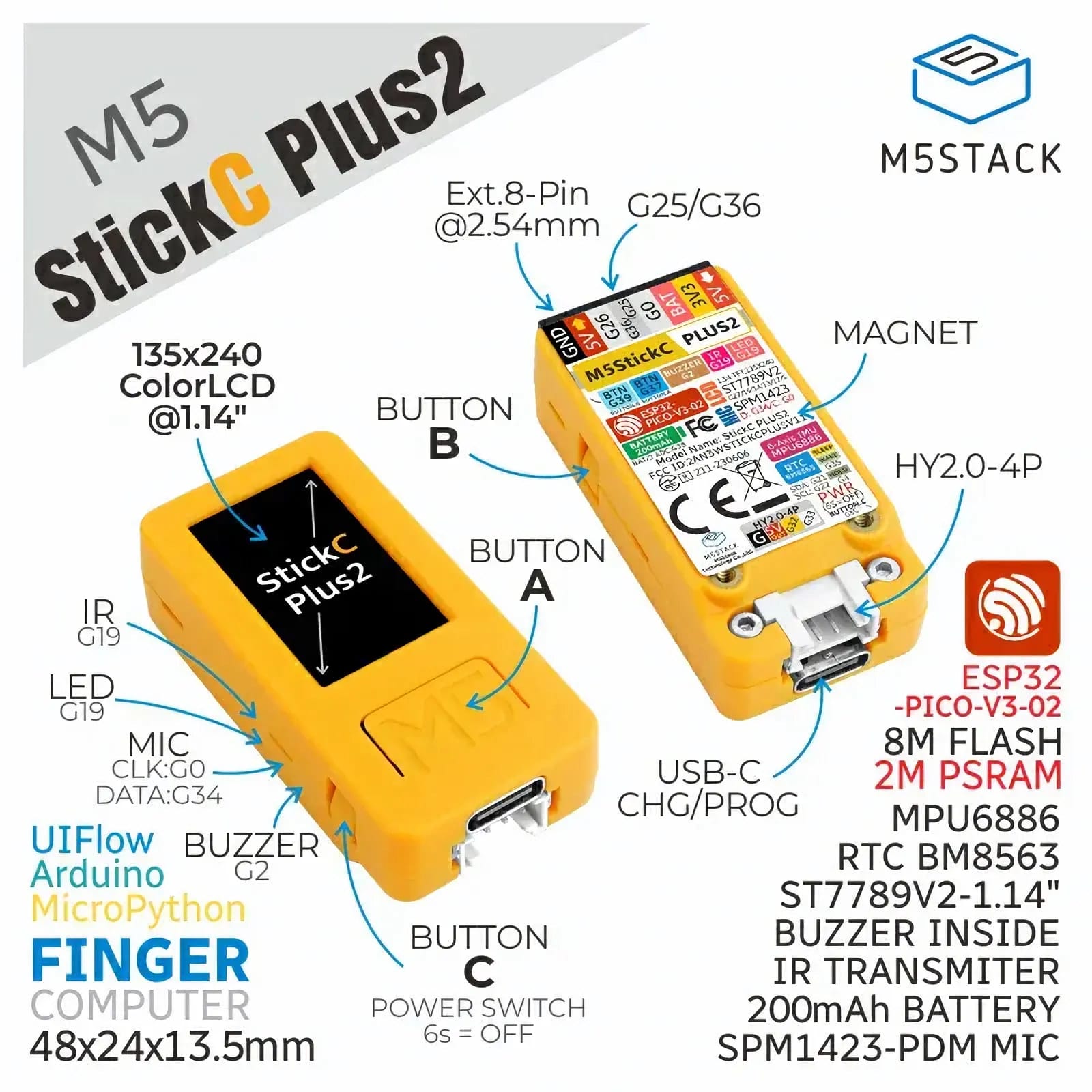 Le kit de développement IoT M5StickC PLUS2 comprend ESP32-PICO-V3-02 SiP et une batterie plus grande de 200 mAh 27 M5StickC Plus2 IoT development kit