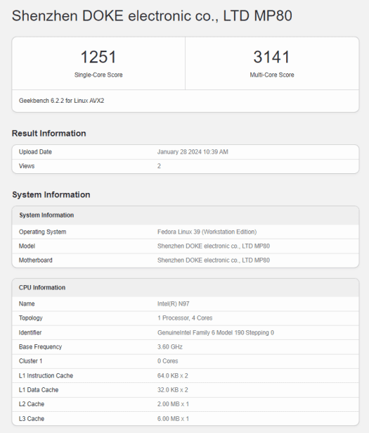 Processeur MP80 N97 Geekbench 6.2.2 Linux