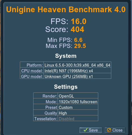 Processeur MP80 N97 Unigine Heaven Benchmark4.0 Fedora