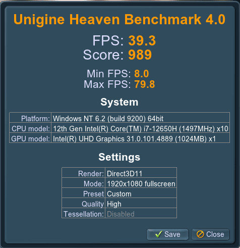 GPU Intel Core i7-12650H Unigine Heaven Benchmark 4.0 GPU Intel Core i7-12650H Unigine Heaven Benchmark 4.0