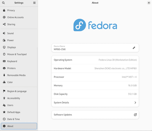 Processeur Blackview MP80 N97 Fedora 39 Informations sur le système Linux