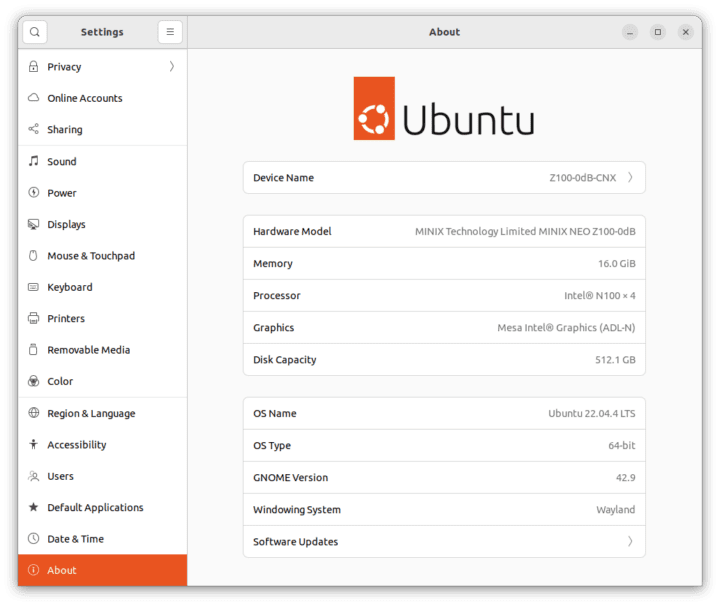 Système MINIX NEO Z100-0dB Ubuntu 22.04