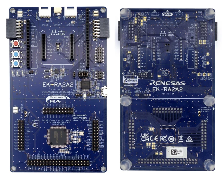 Le microcontrôleur Renesas RA2A2 Arm Cortex-M23 offre un CAN 24 bits haute résolution, jusqu'à 512 Ko de flash double banque 1 Renesas EK-RA2A2 evaluation board