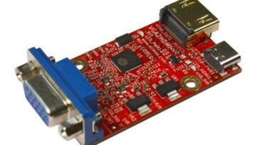 Olimex VGA2HDMI: open-source VGA-HDMI converter for CERBERUS 2100, AGONLIGHT 2, AGON ORIGINS. VGA input, HDMI output, USB-C for power.