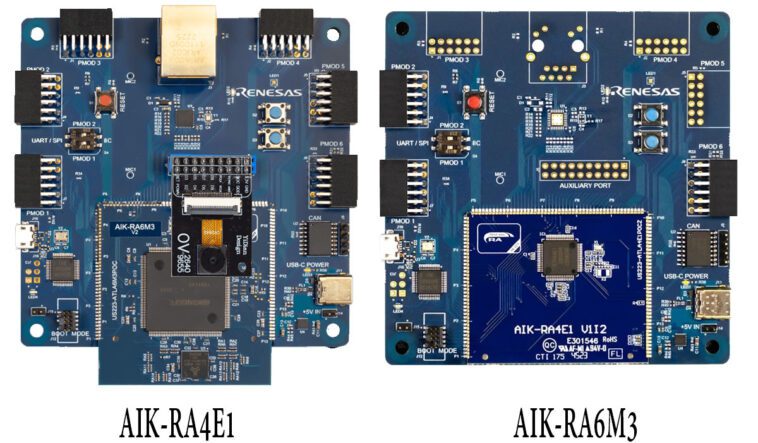 Les kits de référence Renesas AIK-RA4E1 et AIK-RA6M3 sont conçus pour un développement accéléré d'IA/ML 1 Renesas AIK-RA4E1 and AIK-RA6M3 dev boards boost AI/ML development, featuring different MCUs, Pmod ports, and Ethernet support on the RA6M3 only.