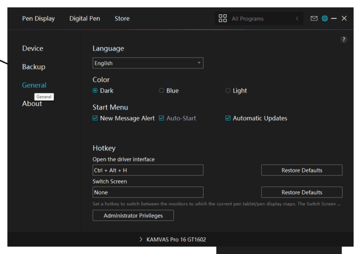 Paramètres généraux du Kamvas Pro 16 2.5K Paramètres généraux du Kamvas Pro 16 2.5K