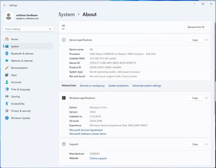 GEEKOM A8 Ryzen 9 8945HS Système Windows 11 À propos