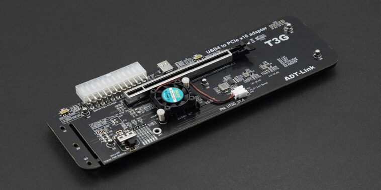 L'adaptateur ADT-Link UT3G USB4 vers PCIe peut piloter des cartes graphiques NVIDIA ou AMD 1 ADT-Link UT3G USB to PCIe Adapter converts USB4 to PCIe x16 with 40 Gbps bandwidth, supporting USB4, TB 3/4, with ASM2464PD controller.