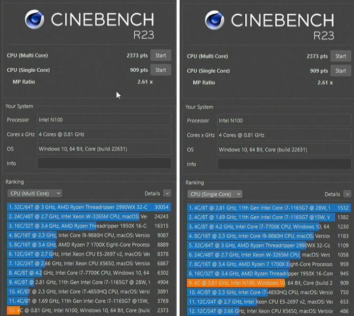 Résultat multicœur cinebench de refroidissement actif LattePanda mu