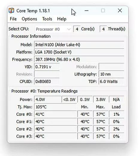 Température de veille du processeur de refroidissement actif Intel N100