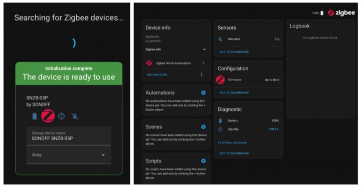 Capteur de fuite d'eau Zigbee SONOFF SNZB-05P avec Home Assistant (intégration ZHA) Capteur de fuite d'eau Zigbee SONOFF SNZB-05P avec Home Assistant (intégration ZHA)