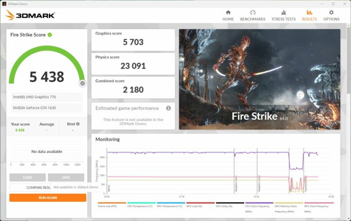 Test de performance 3DMark Fire Strike de la carte graphique NVIDIA GTX 1630 DS-1402