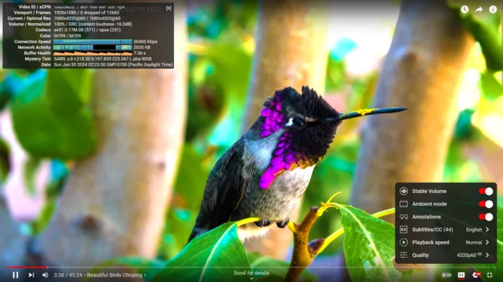 4320p60 8K YouTube Firefox Core i9-12900E Sortie HDMI