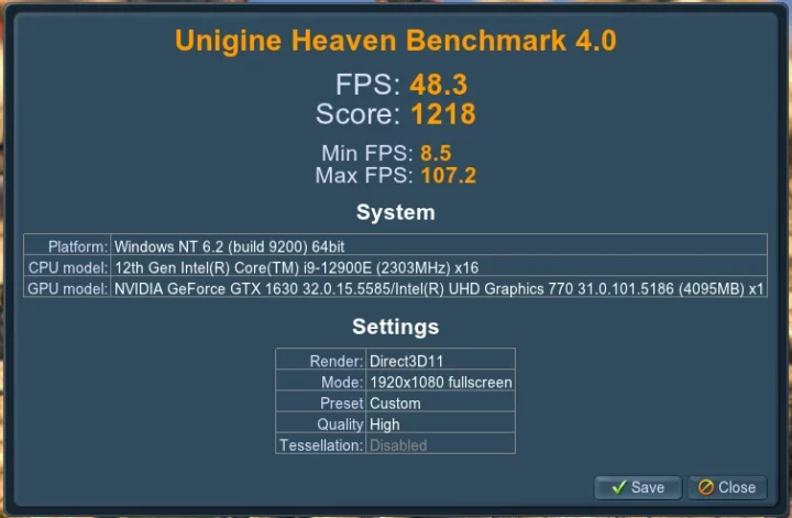 Benchmark NVIDIA GTX 1630 Unigine Heaven 4.0 Windows 11