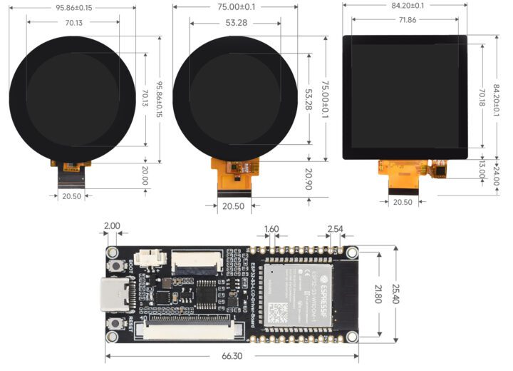 Dimensions de la carte pilote et de l'affichage LCD Waveshare ESP32 S3 Dimensions de la carte pilote et de l'affichage LCD Waveshare ESP32 S3