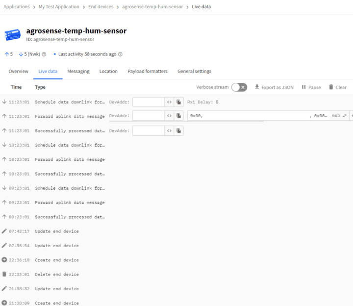 Le réseau Things Network recevait avec succès les données du périphérique final. Le réseau Things Network a reçu avec succès des données provenant de l'un des capteurs AgroSense LoRaWAN