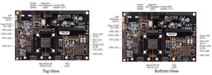 Vue de dessus et de dessous de la carte de développement FPGA Lattice MachXO5D NX