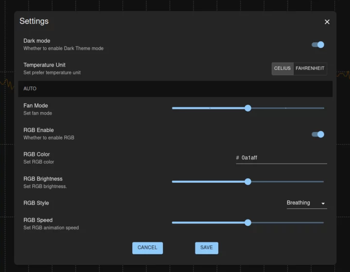 Paramètres du tableau de bord Pironman Contrôle du ventilateur LED RVB Paramètres du tableau de bord Pironman Contrôle du ventilateur LED RVB