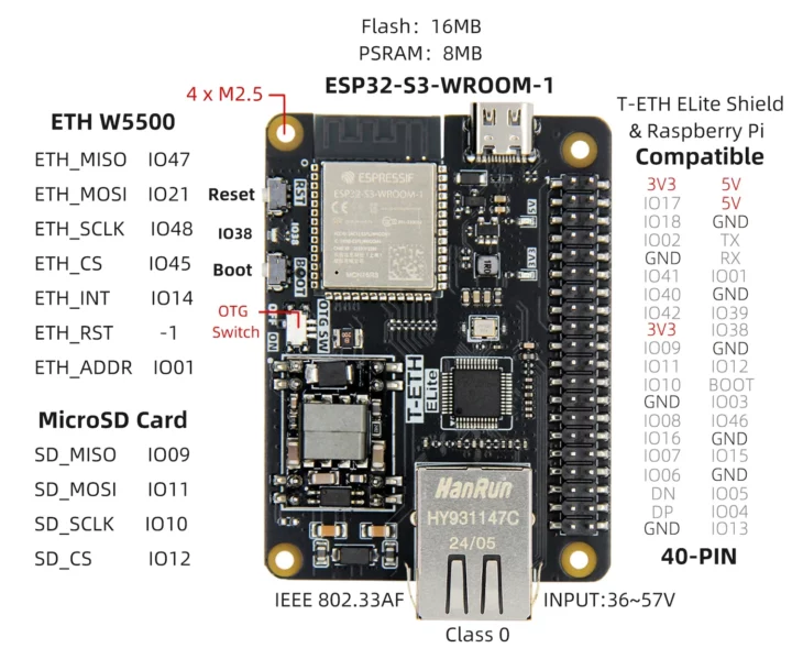 Carte Ethernet ESP32-S3 En-tête GPIO Raspberry Pi