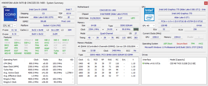 Processeur Intel Core i9-12900E HWInFO64 de 5e génération DS-1402 Windows 11 Pro