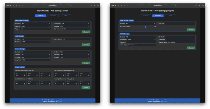 Interface Web de la montre Tiny Watch s3 interface web tw s3
