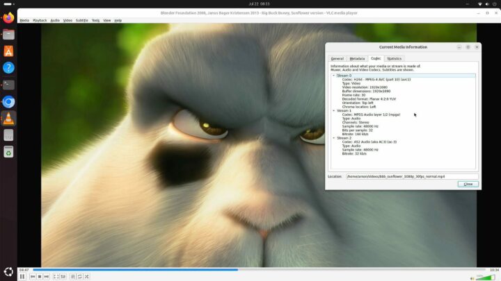 LattePanda pour Ubuntu 24.04 VLC mp4 codec 1080 30fps Codec VLC mp4 1080 30fps pour Big Buck Bunny