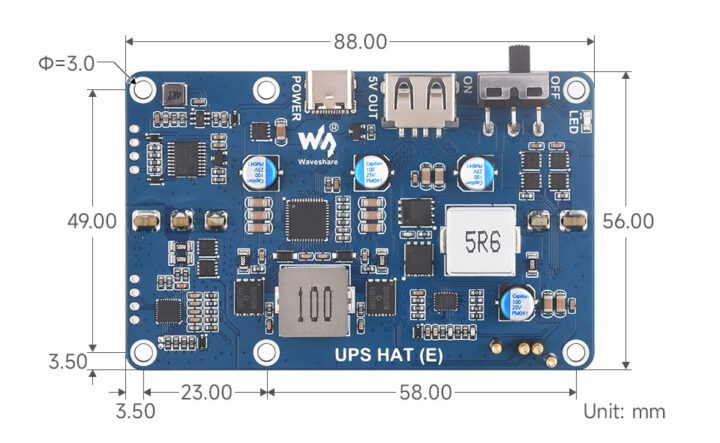Détails de la taille du chapeau UPS HAT E Détails des dimensions du chapeau UPS HAT E