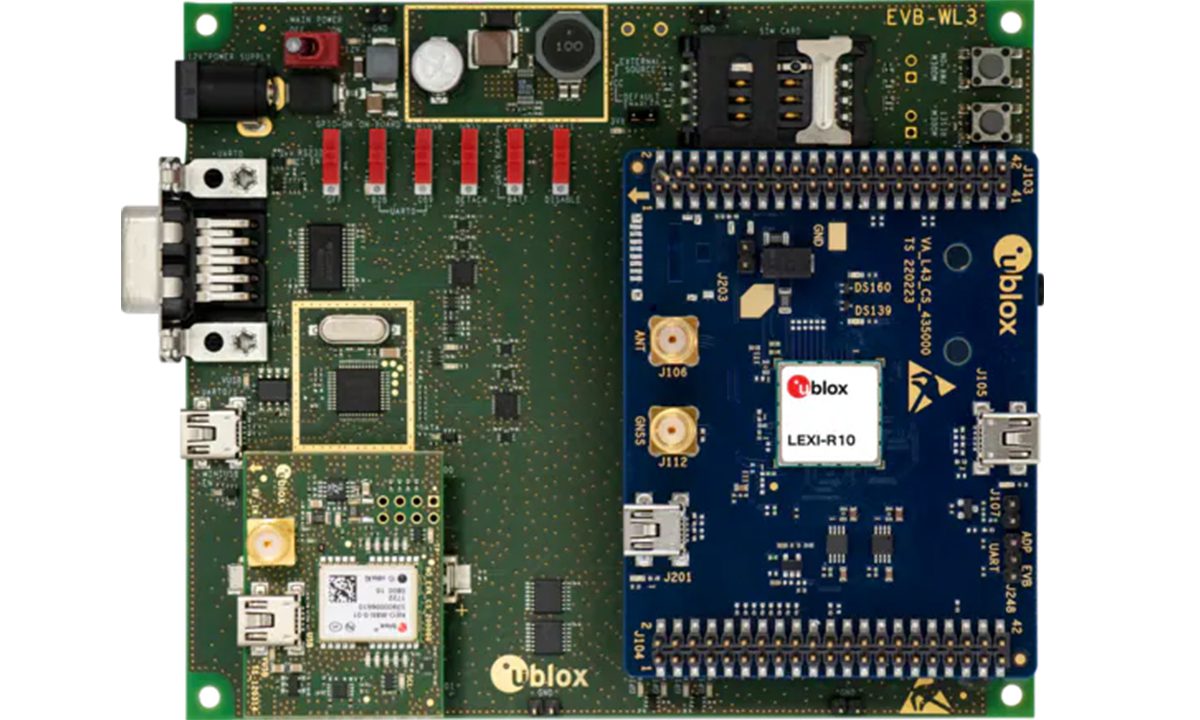 Les kits d'évaluation u-blox EVK-LEXI-R10 comprennent les modules LEXI-R10 LTE Cat 1bis et MAX-M10S GNSS pour la connectivité IoT cellulaire et GPS