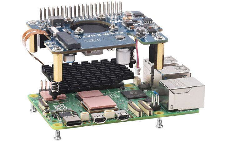Waveshare POE M.2 HAT+ Assembly with Raspberry Pi 5 SBC Waveshare POE M.2 HAT+ Assembly with Raspberry Pi 5 SBC