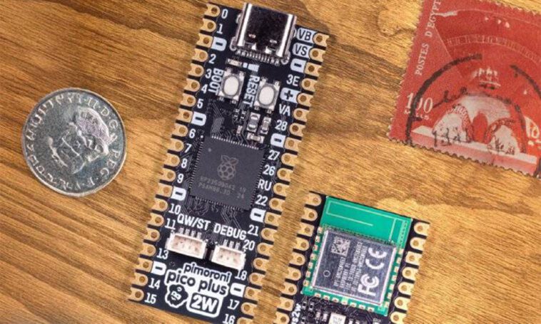 Pimoroni Pico Plus 2 W : RP2350B MCU avec module Wi-Fi et Bluetooth Raspberry Pi RM2 1 Pimoroni Pico Plus 2 W combines RP2350B MCU with Raspberry Pi RM2 Wi-Fi and Bluetooth module