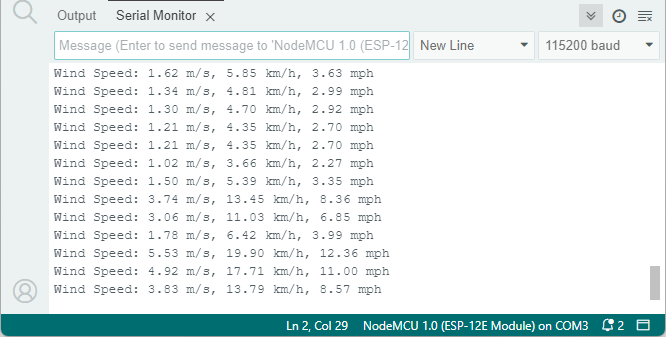 Test du capteur de vent avec ESP32 - Démonstration du moniteur série