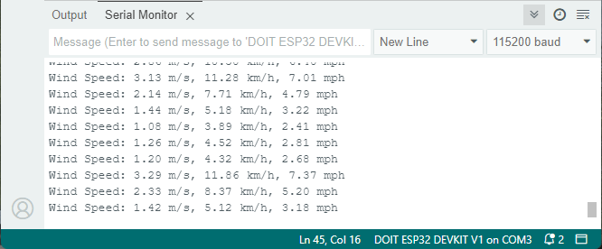 Test du capteur de vent avec ESP32 - Démonstration du moniteur série