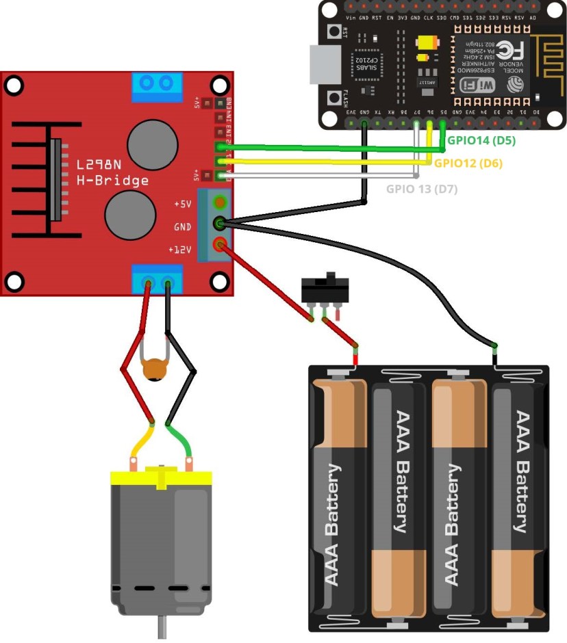 Câblage de l'ESP8266 au moteur à courant continu L298N Schéma schématique du pilote de moteur