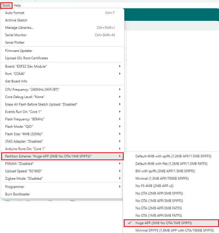 Sélectionnez le menu Outils de l'IDE Arduino pour le schéma de partitionnement d'applications énormes