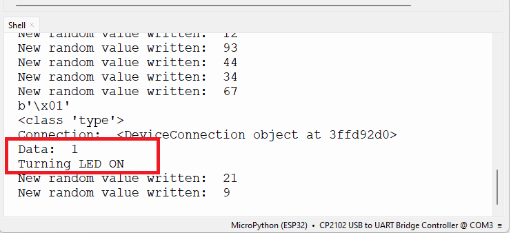 MicroPython : ESP32 – Premiers pas avec Bluetooth Low Energy (BLE) 22 Recevez la valeur caractéristique BLE LED de contrôle Thonny IDE