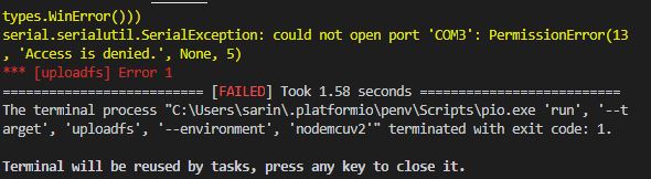Télécharger l'image du système de fichiers ESP32 VS Code PlatformIO Accès refusé Erreur ESP8266
