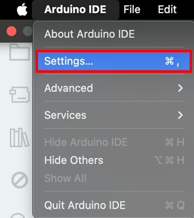 LVGL avec écran tactile TFT ESP32 – ILI9341 (Arduino) 23 Ouvrez le menu Préférences Arduino IDE 2 Mac OS