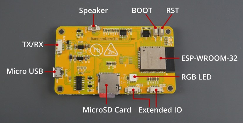 Carte CYD à affichage jaune ESP32 bon marché, ESP32-2432S028R, étiquetée au dos