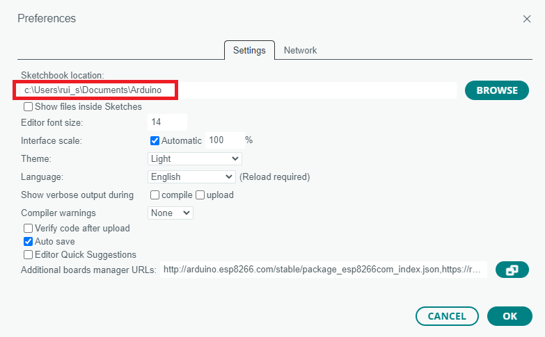 Ouvrir l'emplacement du carnet de croquis Arduino IDE 2 Parcourir