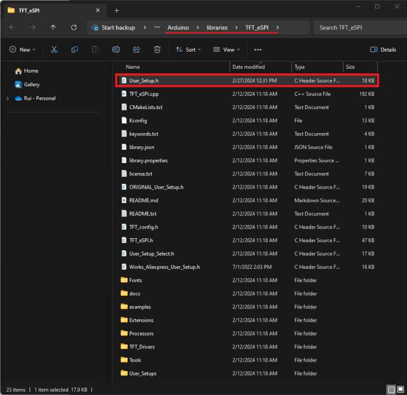 Déplacez la copie du fichier User_Setup.h vers le dossier de la bibliothèque TFT_eSPI Arduino IDE 2