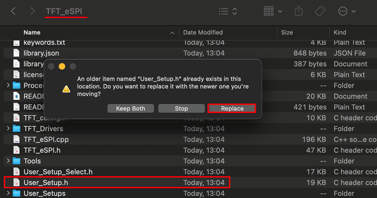 Déplacez la copie du fichier User_Setup.h vers le dossier de la bibliothèque TFT_eSPI Arduino IDE 2 Mac OS