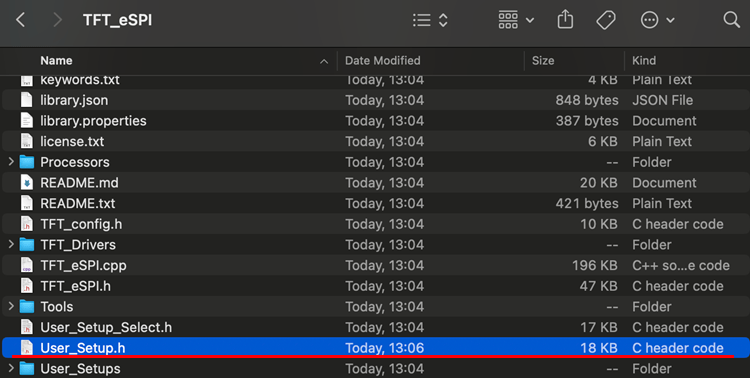 Déplacez le fichier User_Setup.h vers le dossier de la bibliothèque TFT_eSPI Arduino IDE 2 Mac OS