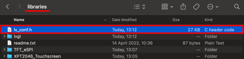 Déplacez la copie du fichier de configuration lv_conf.h vers le dossier des bibliothèques Arduino Arduino IDE 2 Mac OS