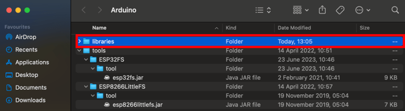 Ouvrez le dossier des bibliothèques Arduino IDE 2 Mac OS